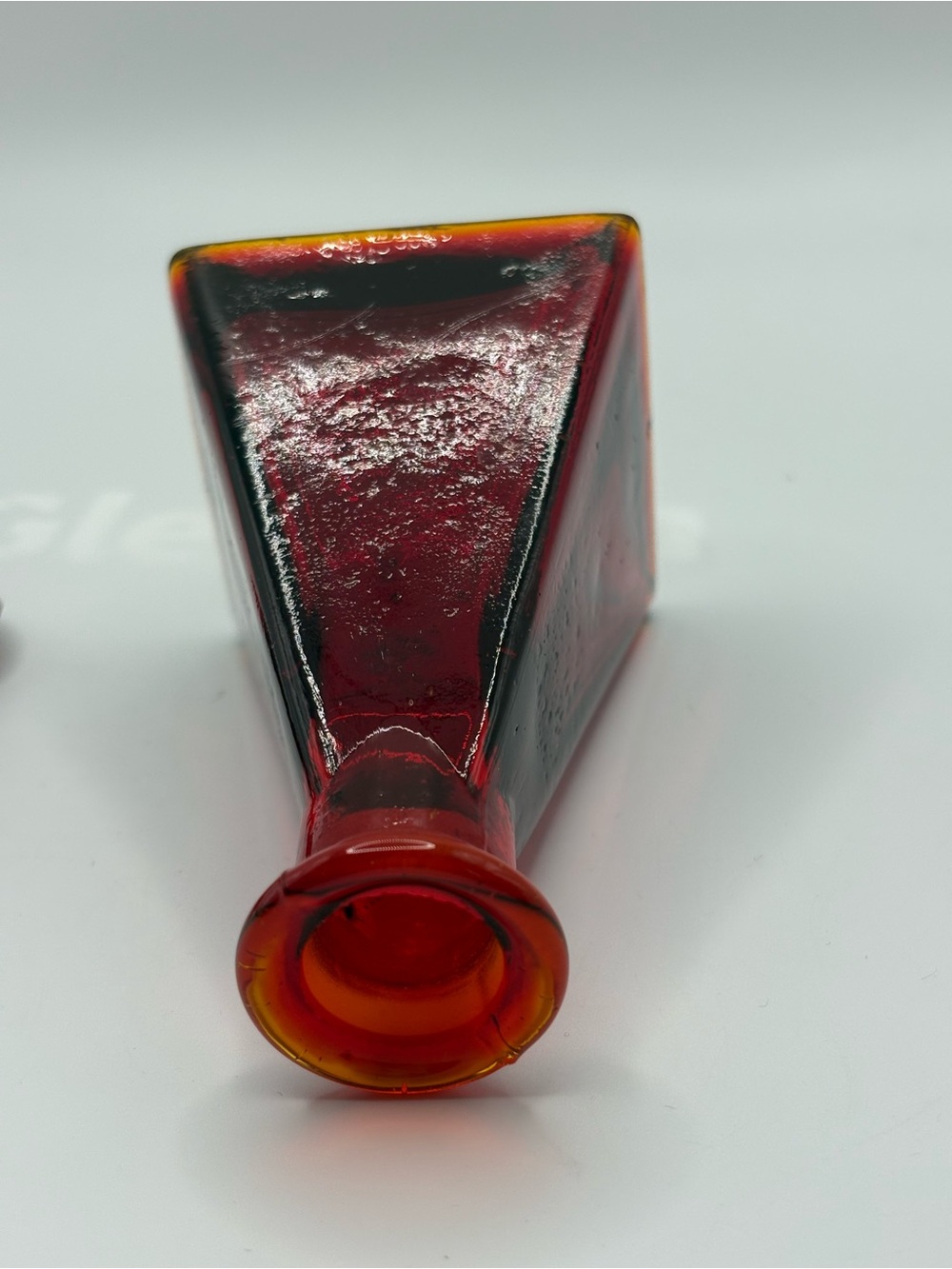 VTG Ruby Red Art Glass Bottle W/ Heart Shaped Stopper Triangle Base Glows 6.5” - Picture 12 of 16